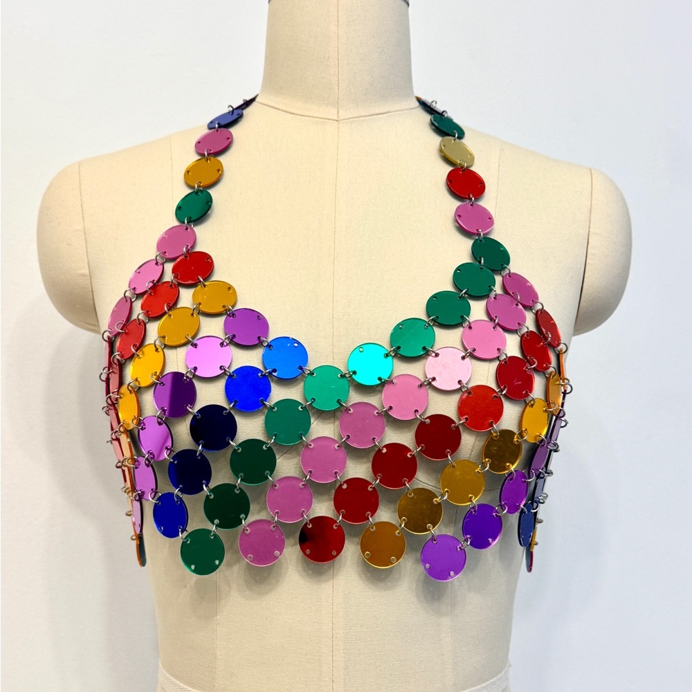 ALTEREDREAMS Rainbow Mirror Disc Top 🌈 | Multicolor Festival Chain Statement